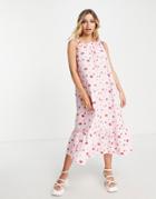 Pieces Tie Shoulder Midi Smock Dress In Pink Strawberry Print-multi