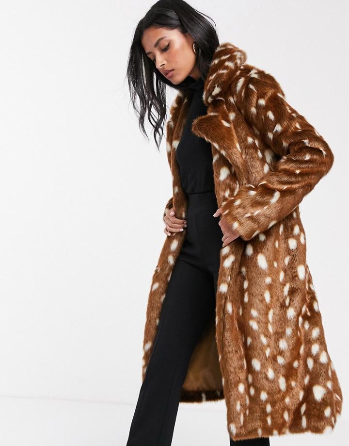 Lost Ink Belted Faux Fur Coat In Spot-brown