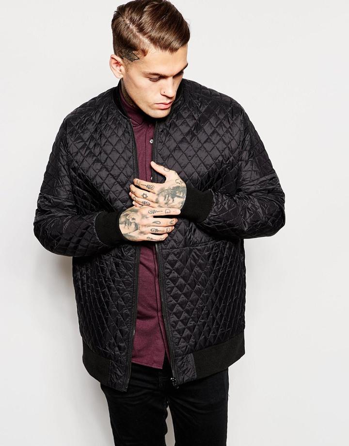 Asos Longline Quilted Bomber Jacket In Black - Black