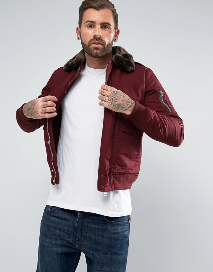 Schott Air Bomber Jacket Detachable Faux Fur Collar Slim Fit In Burgundy/brown - Red