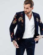 Asos Skinny Blazer In Navy Velvet With Embroidery - Navy