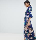 Parisian Tall Kimono Sleeve Floral Maxi Dress With Wrap Front - Blue