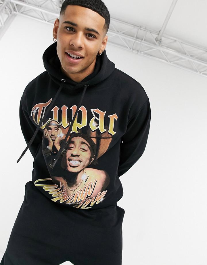 Pull & Bear Tupac Hoodie In Vintage Print In Black