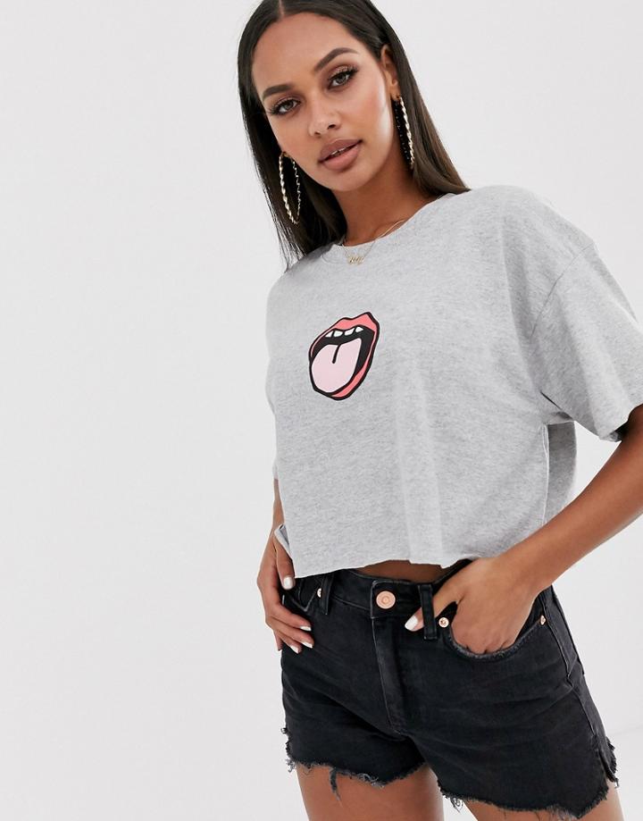 New Love Club Mouth Graphic Cropped T-shirt-gray