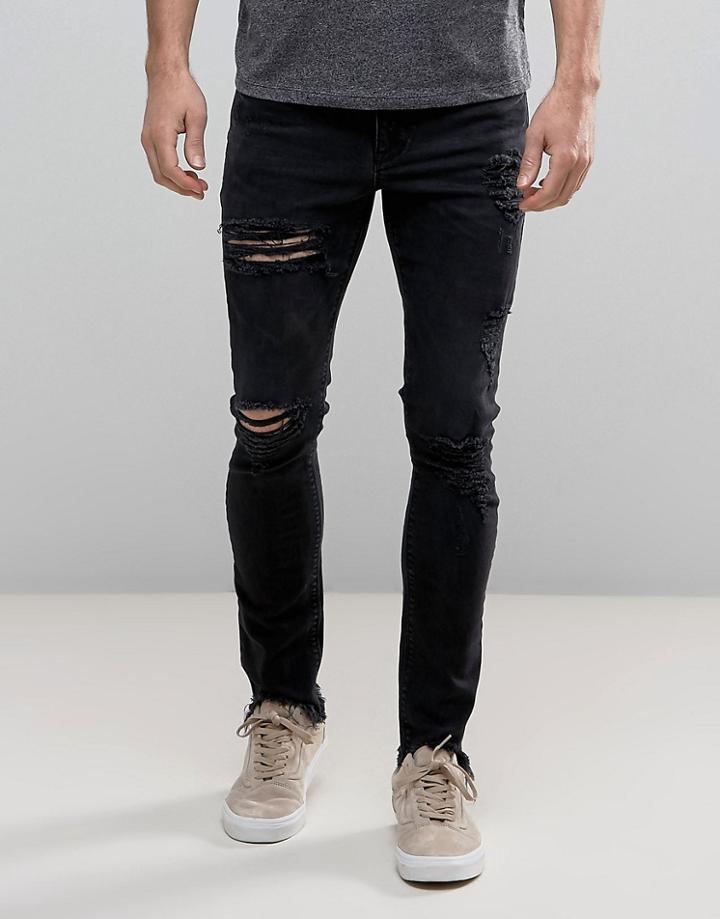 Asos Super Skinny Jeans In Washed Black With Heavy Rips And Hem Detail - Black