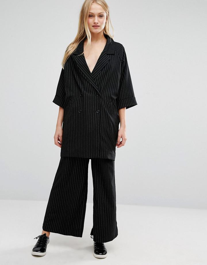 Monki Wide Leg Pin Stripe Pants - Black