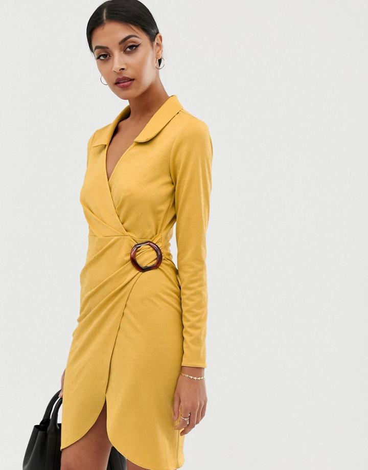 Asos Design Textured Dress With Ruching And Tortoiseshell Buckle Detail - Yellow