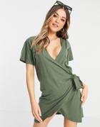 Asos Design Wrap Dress In Khaki-green
