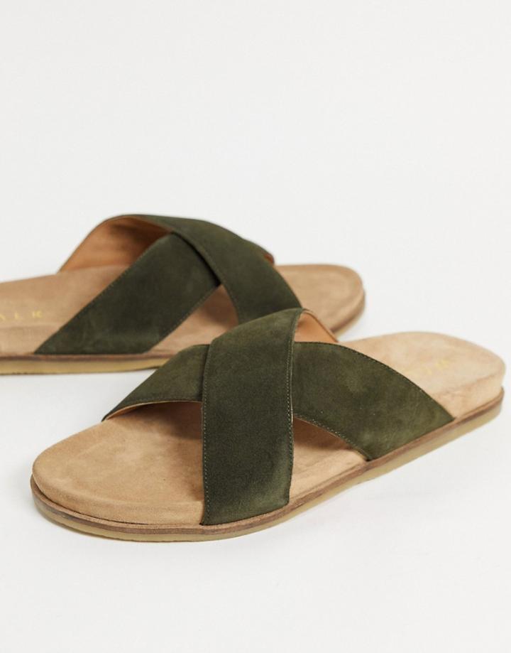 Walk London Fisher Cross Over Sandals In Khaki Suede-green
