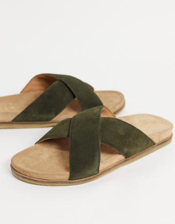 Walk London Fisher Cross Over Sandals In Khaki Suede-green