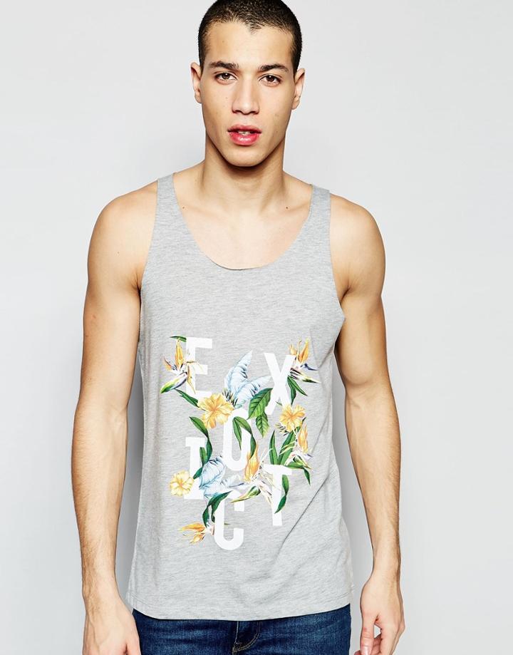 Asos Relaxed Tank With Flower Print And Raw Edge - Gray