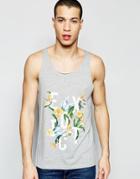 Asos Relaxed Tank With Flower Print And Raw Edge - Gray