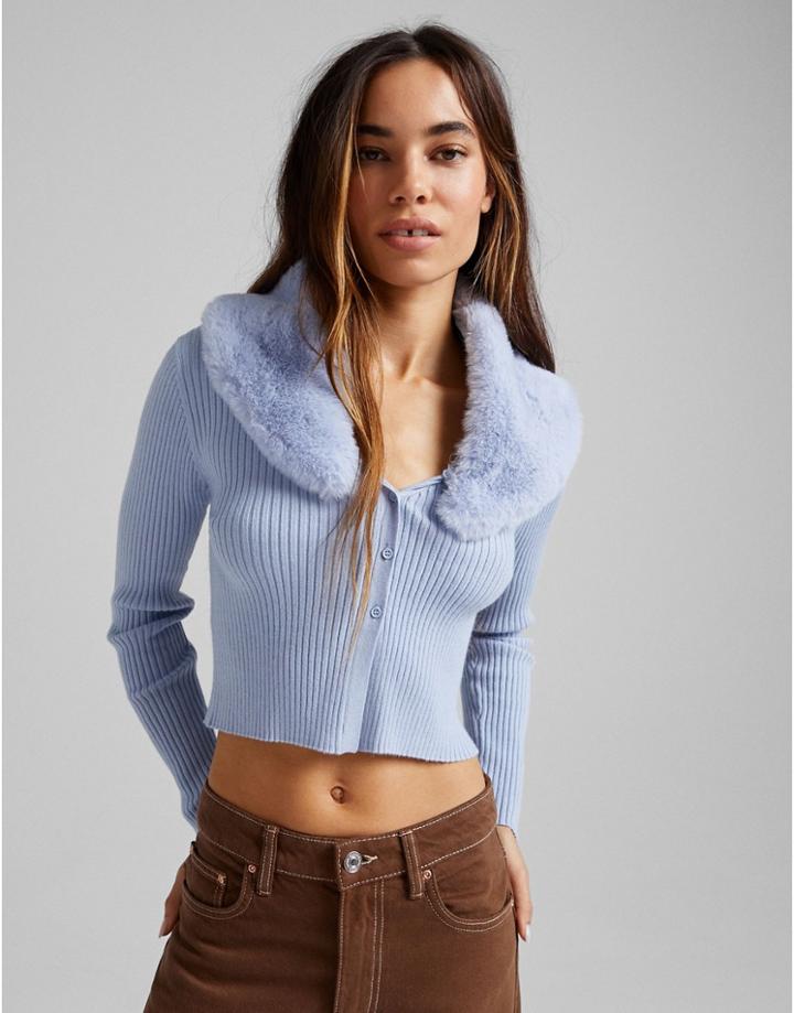 Bershka Fur Collar Detail Cardigan In Blue-blues