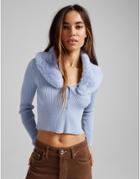 Bershka Fur Collar Detail Cardigan In Blue-blues