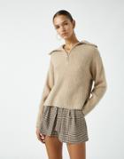 Pull & Bear Half Zip Sweater In Camel-neutral