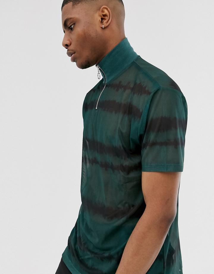 Asos Design Relaxed T-shirt With Turtle Zip Neck In Fine Mesh With Tie Dye Wash - Green