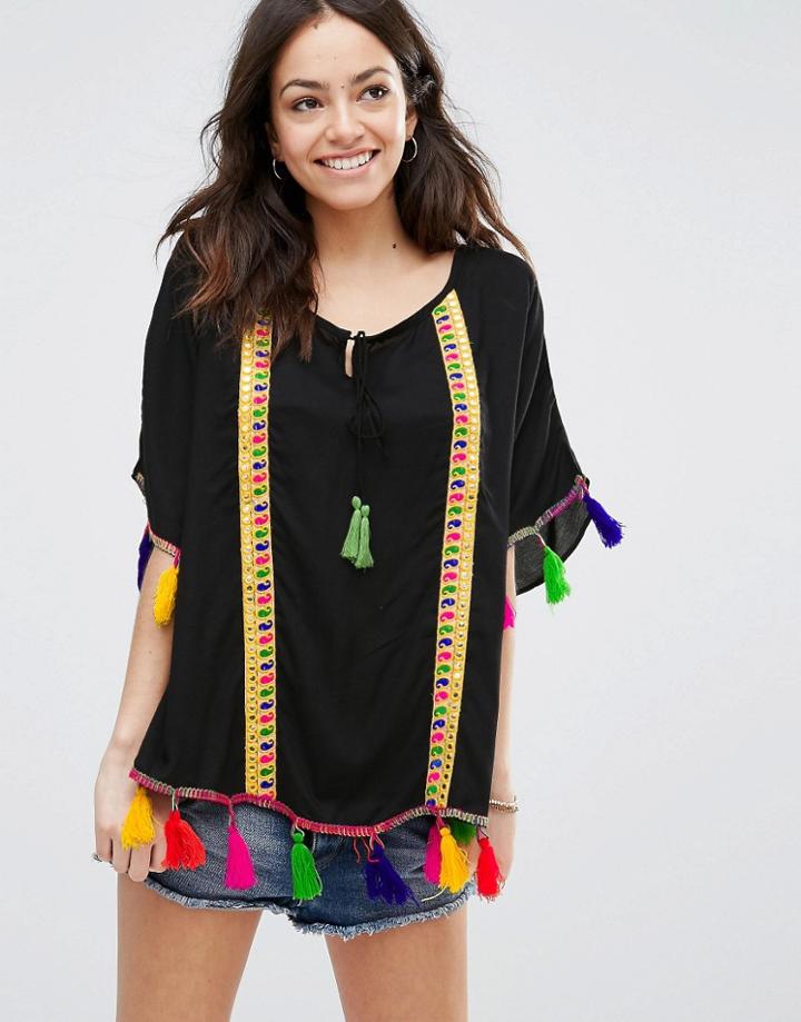 Liquorish Beach Caftan Poncho With Tassles - Black