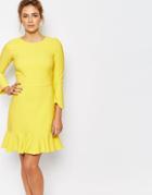 Closet Midi Dress With Frill Hem And 3/4 Sleeves - Yellow