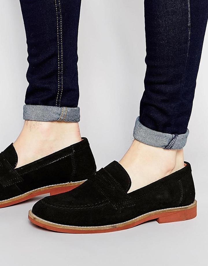 Asos Penny Loafers In Black Suede - Black