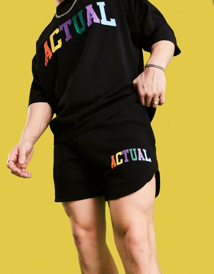 Asos Actual Runner Shorts With Logo Graphic Print In Black - Part Of A Set