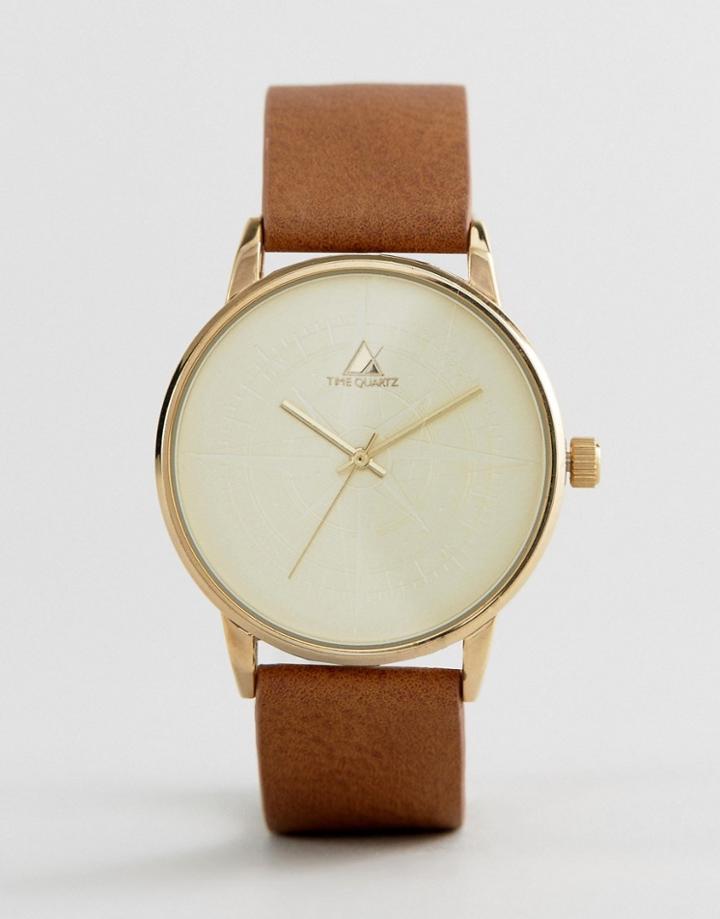 Asos Watch With Tan Leather Strap And Compass Print - Tan