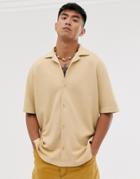 Asos White Loose Fit Shirt In Texture With Revere Collar In Camel - Beige