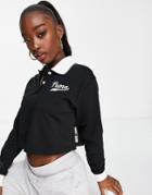 Puma Varsity Long Sleeve Cropped Polo Top In Black