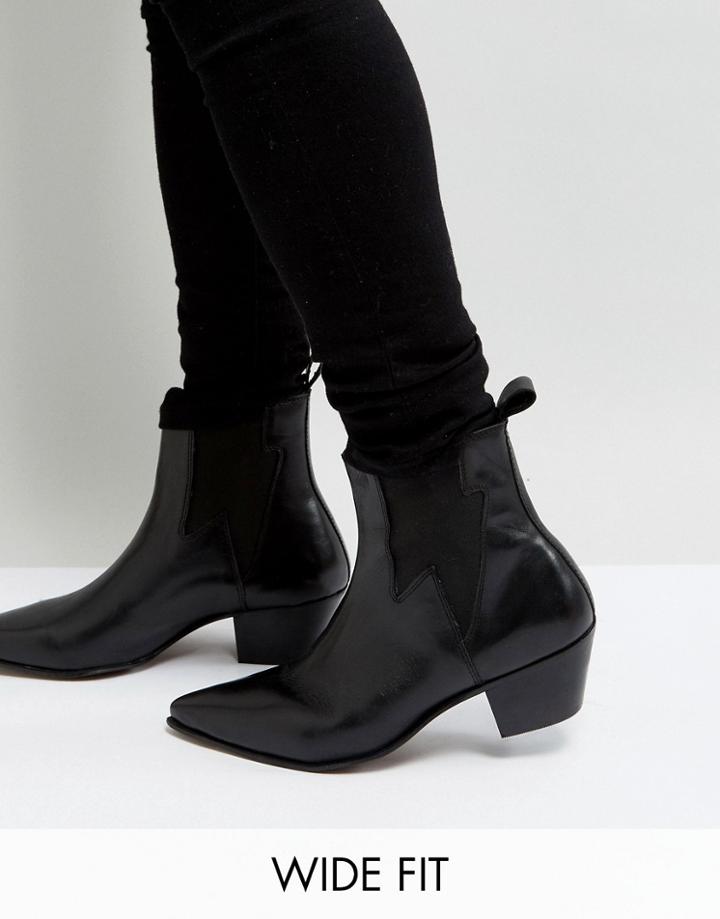 Asos Design Wide Fit Stacked Heel Western Boots In Black Leather With Lightning Detail