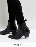 Asos Design Wide Fit Stacked Heel Western Boots In Black Leather With Lightning Detail