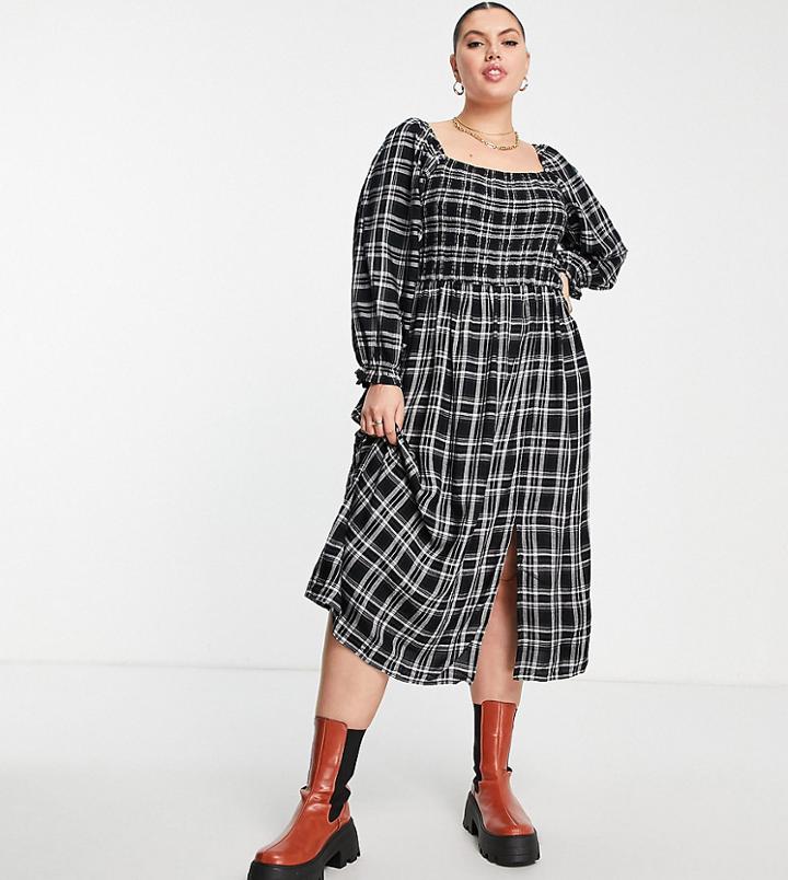 Simply Be Shirred Midi Dress In Black Gingham