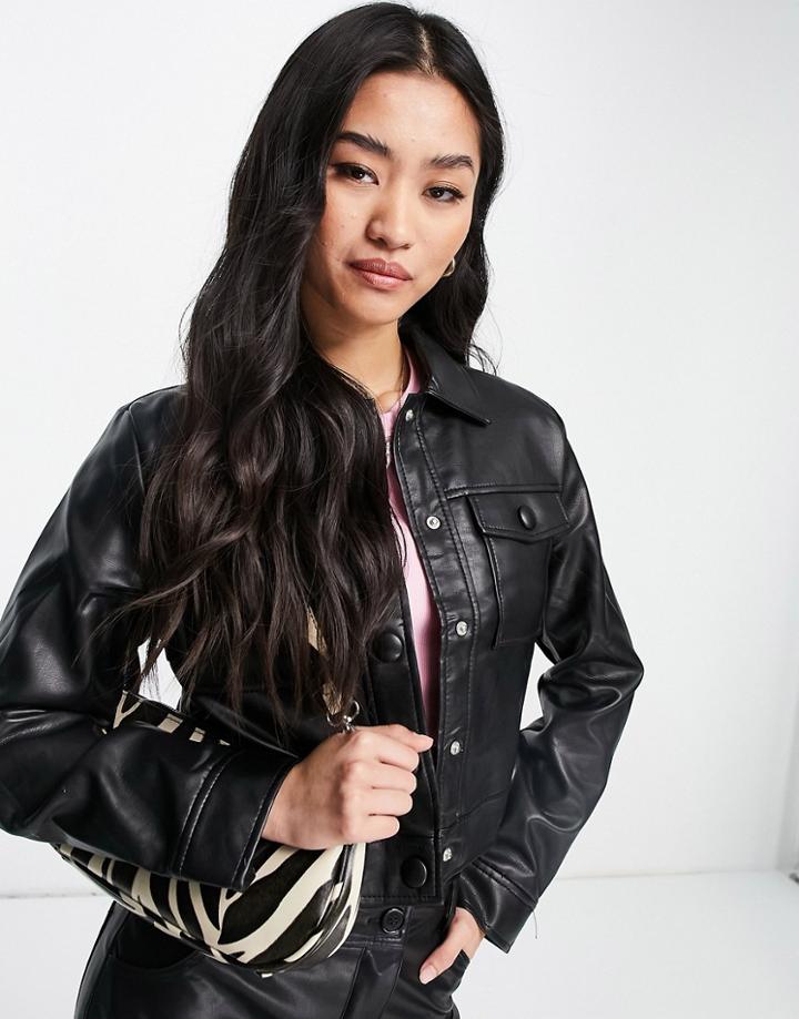 Stradivarius Faux Leather Trucker Jacket In Black