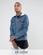 Granted Oversized Denim Jacket In Mid Blue With Fleece Collar - Blue