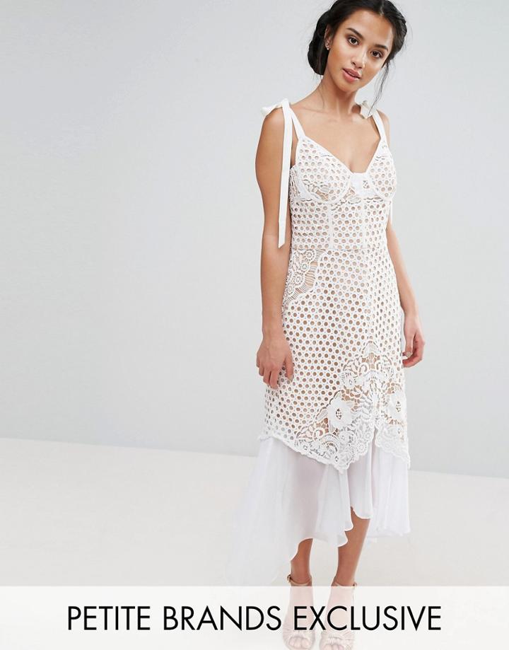 Jarlo Petite Cutwork Lace Dress With Chiffon Hem And Tie Cami Straps - White