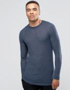 Asos Rib Longline Muscle Long Sleeve T-shirt With Oil Wash In Navy - Navy