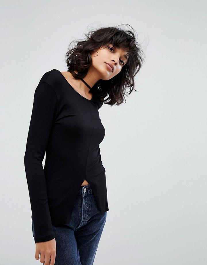 Stylenanda Long Sleeve Top With Asymmetric Neck - Black