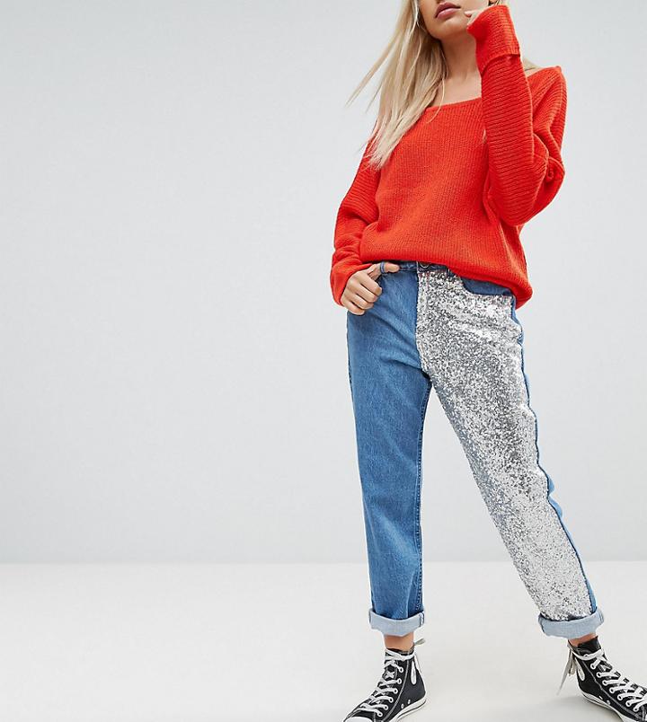 Noisy May Petite Mom Jean With Sequin Panel Detail - Multi