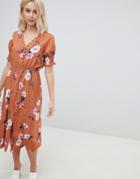 Influence Shirred Sleeve Floral Midi Dress With Button Down Front - Red