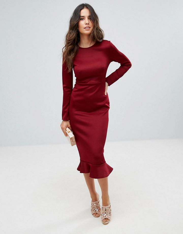 Club L Office Long Sleeve Detailed Dress With Peplum Frill Hem Bodycon Midi Dress - Red