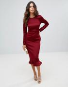 Club L Office Long Sleeve Detailed Dress With Peplum Frill Hem Bodycon Midi Dress - Red