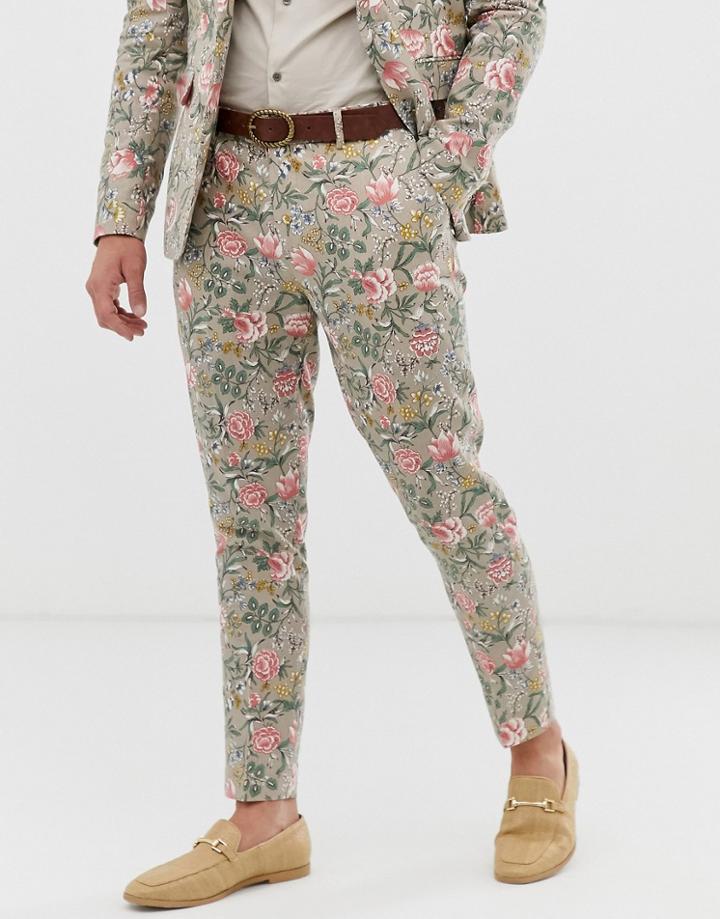 Gianni Feraud Wedding Skinny Fit Linen Blend Floral Suit Pants-stone