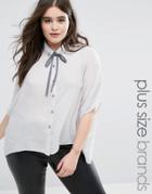 Elvi Woven Pussybow Top With Embellished Collar Detail - Gray