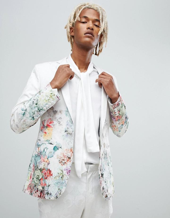 Asos Skinny Suit Jacket In Floral Printed White Jaquard - White