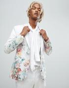 Asos Skinny Suit Jacket In Floral Printed White Jaquard - White