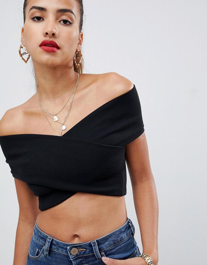 Asos Design Cross Over Bardot Crop Top - Black