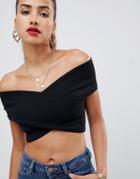 Asos Design Cross Over Bardot Crop Top - Black