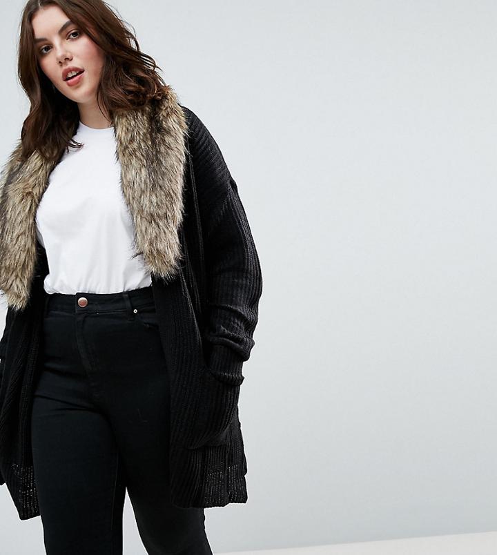 Brave Soul Plus Hawk Cardigan With Detachable Fur Collar - Black