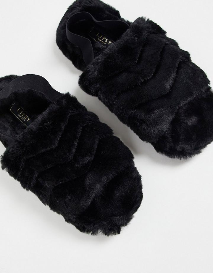 Lipsy Fluffy Slipper With Elastic Strap In Black