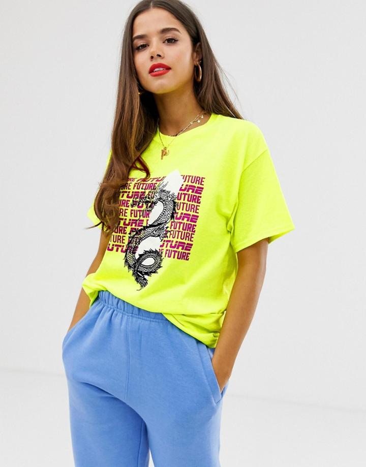 Daisy Street Oversized T-shirt With Dragon Graphics - Yellow