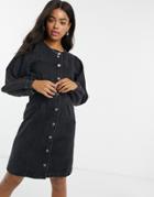 Pieces Denim Button Up Mini Dress With Puff Sleeves In Black