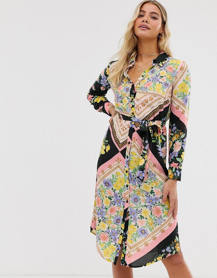 Miss Selfridge Midi Shirt Dress In Scarf Print-black